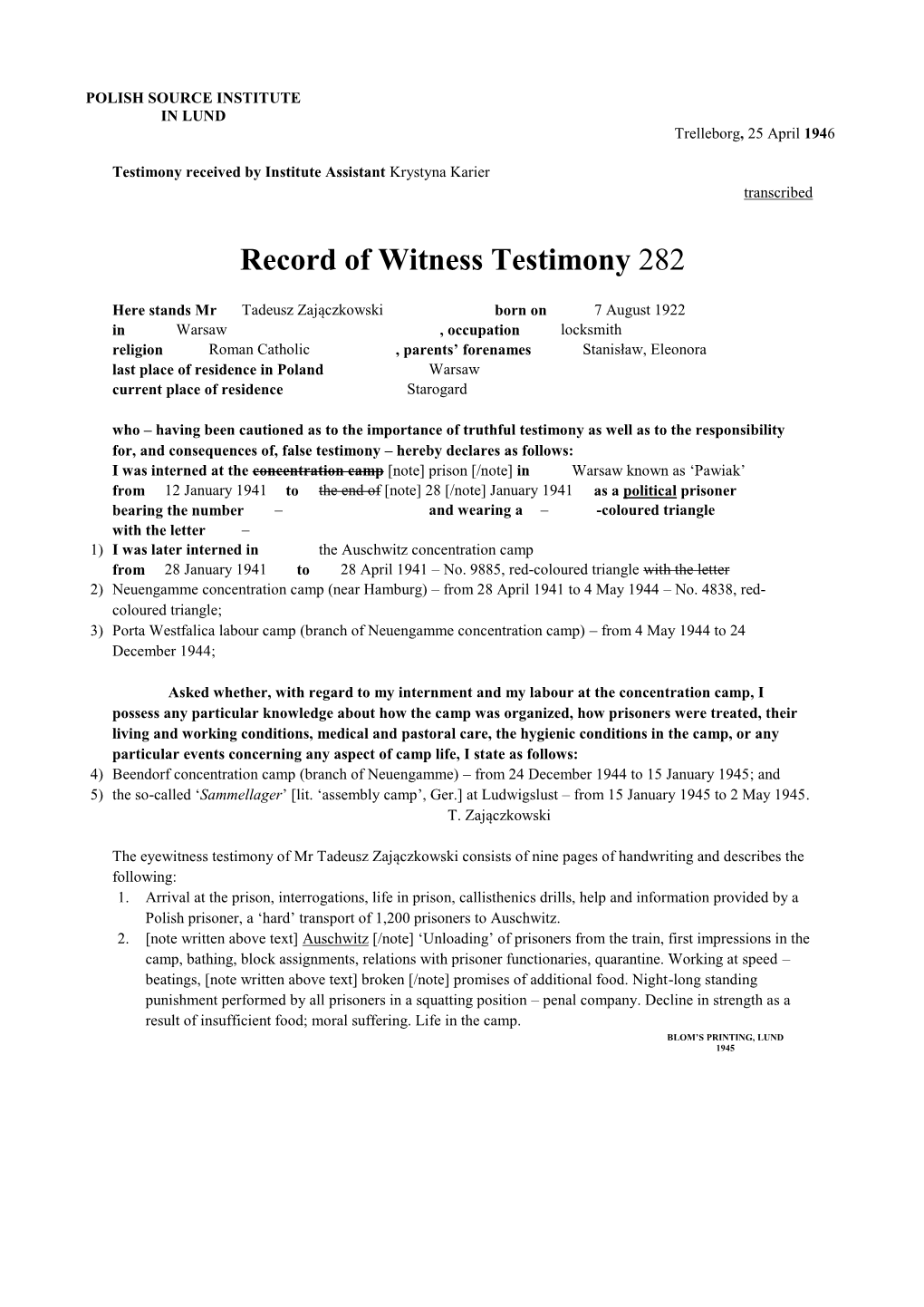 Record of Witness Testimony 282