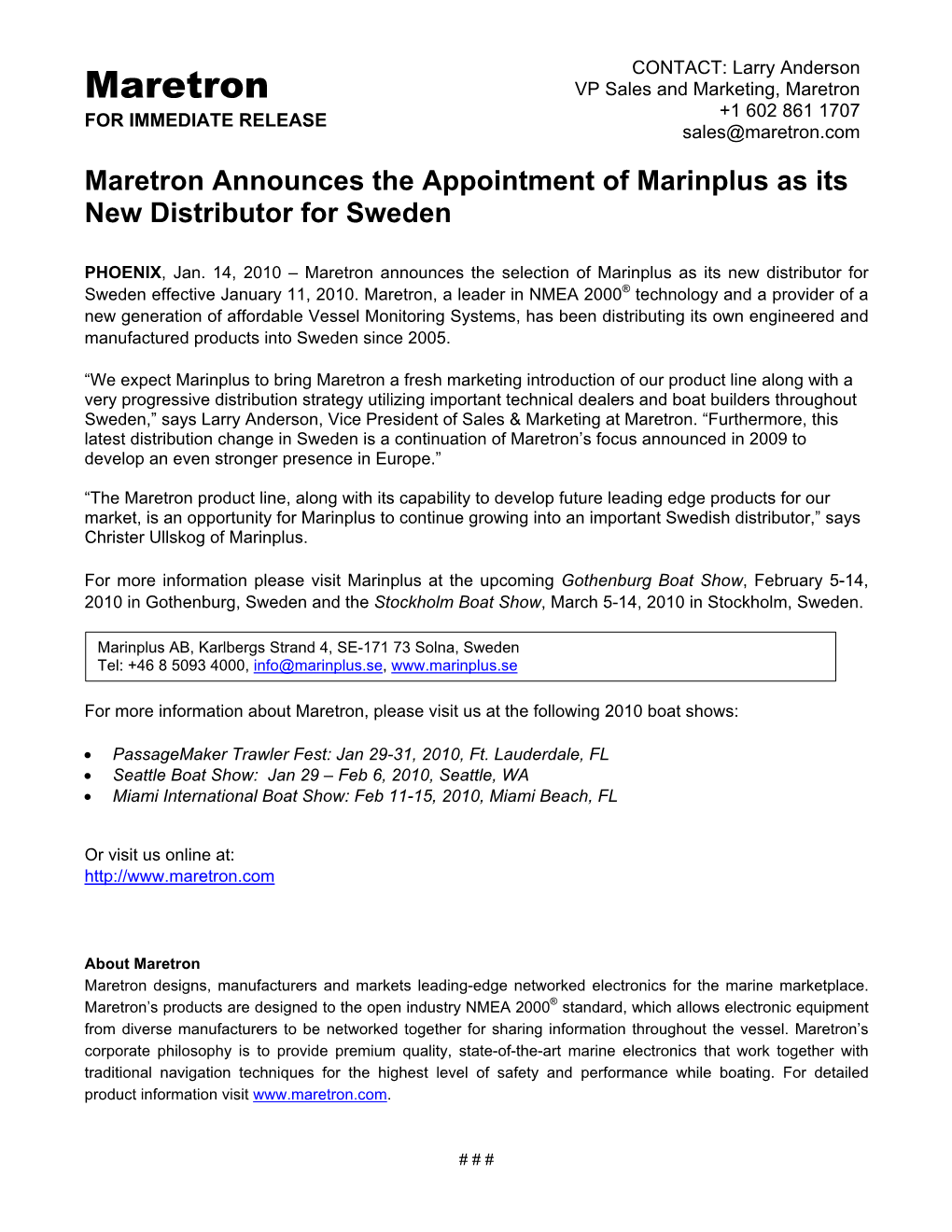 Maretron Announces the Appointment of Marinplus As Its New Distributor for Sweden