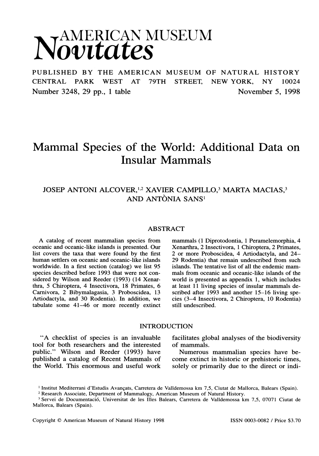 Norntates PUBLISHED by the AMERICAN MUSEUM of NATURAL HISTORY CENTRAL PARK WEST at 79TH STREET, NEW YORK, NY 10024 Number 3248, 29 Pp., 1 Table November 5, 1998