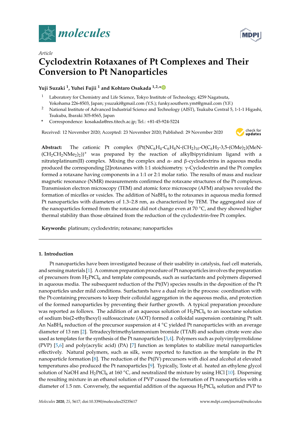 Cyclodextrin Rotaxanes of Pt Complexes and Their Conversion to Pt Nanoparticles