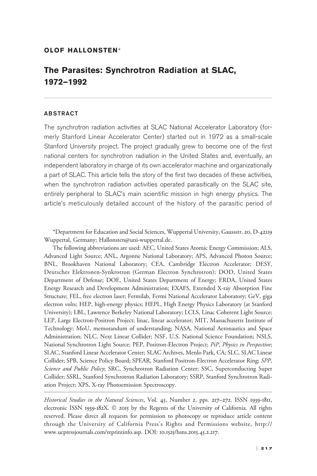 The Parasites: Synchrotron Radiation at SLAC, 1972—1992