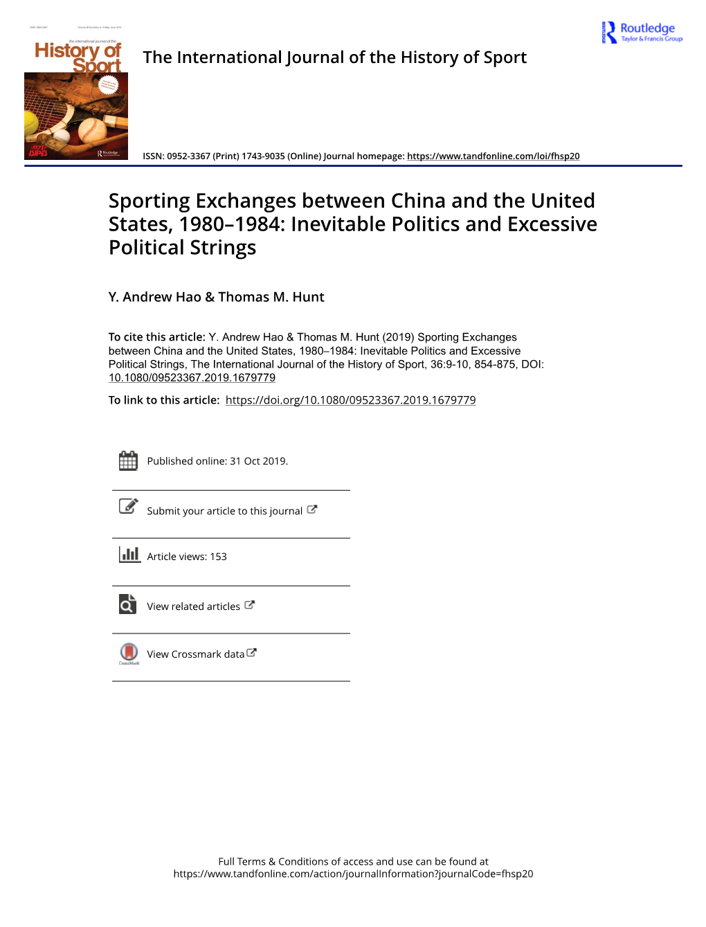 Sporting Exchanges Between China and the United States, 1980–1984: Inevitable Politics and Excessive Political Strings