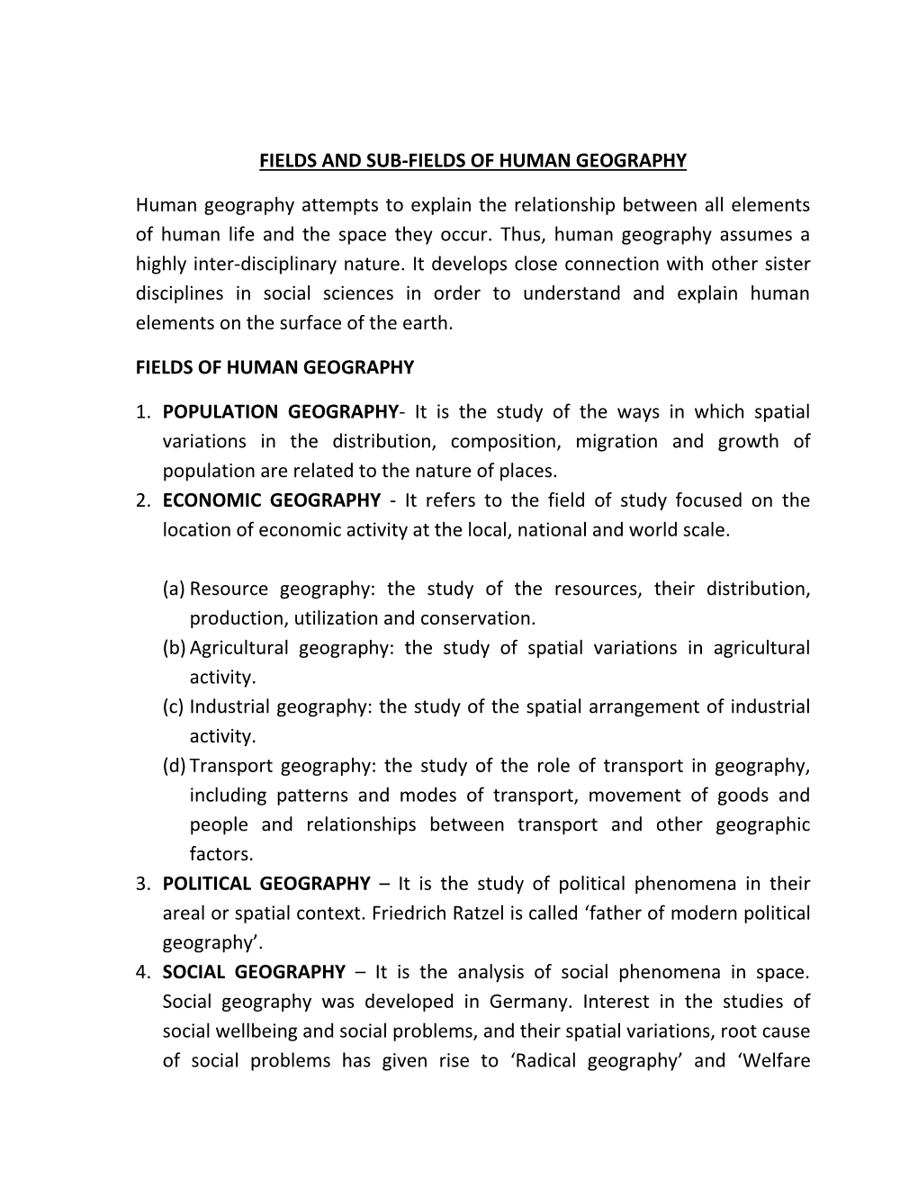 FIELDS and SUB-FIELDS of HUMAN GEOGRAPHY Human