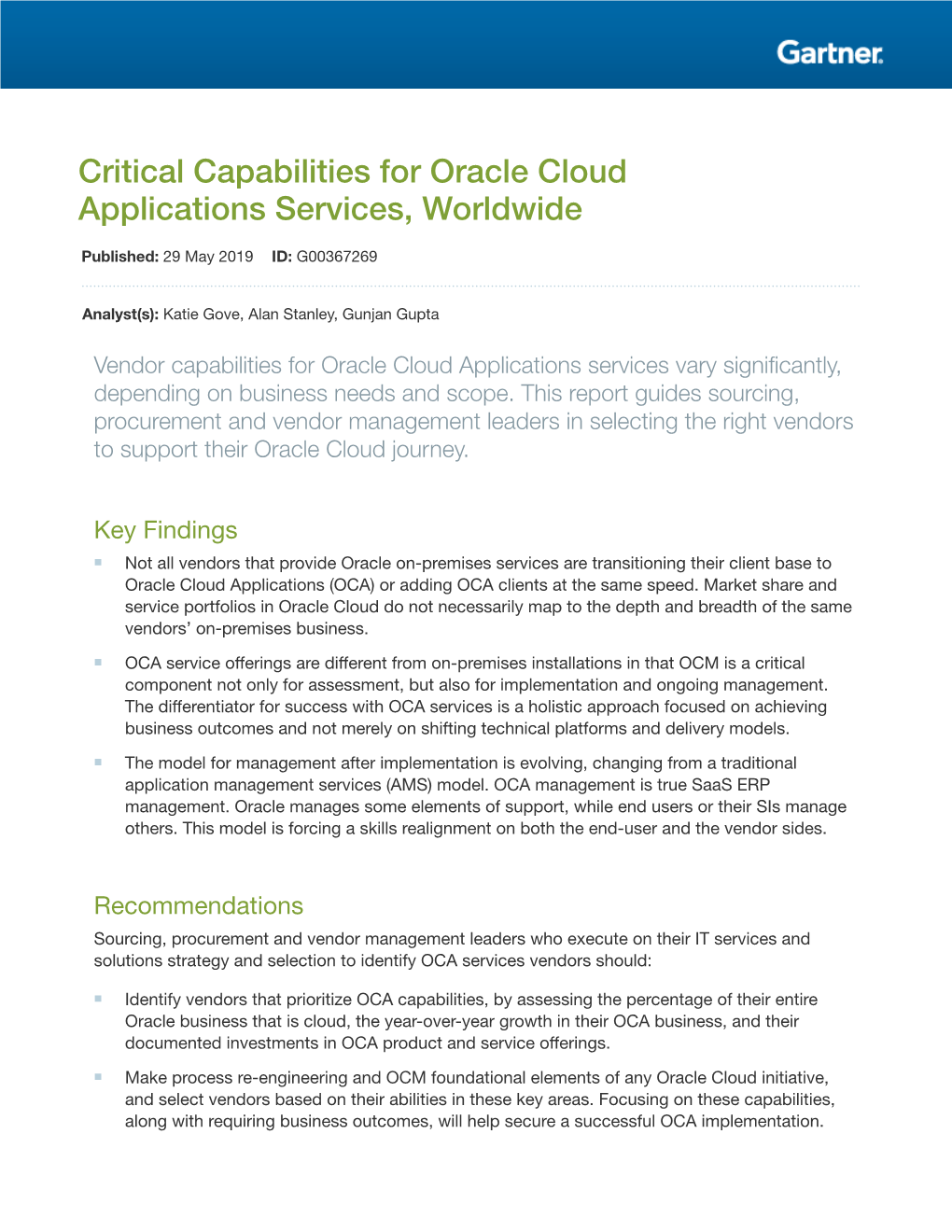 Critical Capabilities for Oracle Cloud Applications Services, Worldwide