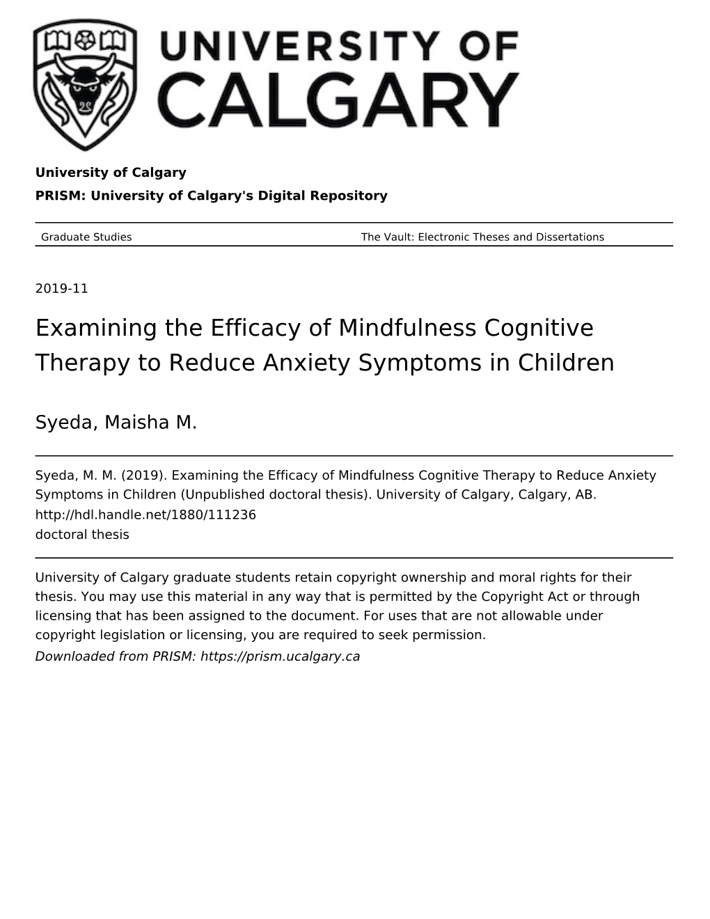 Examining the Efficacy of Mindfulness Cognitive Therapy to Reduce Anxiety Symptoms in Children