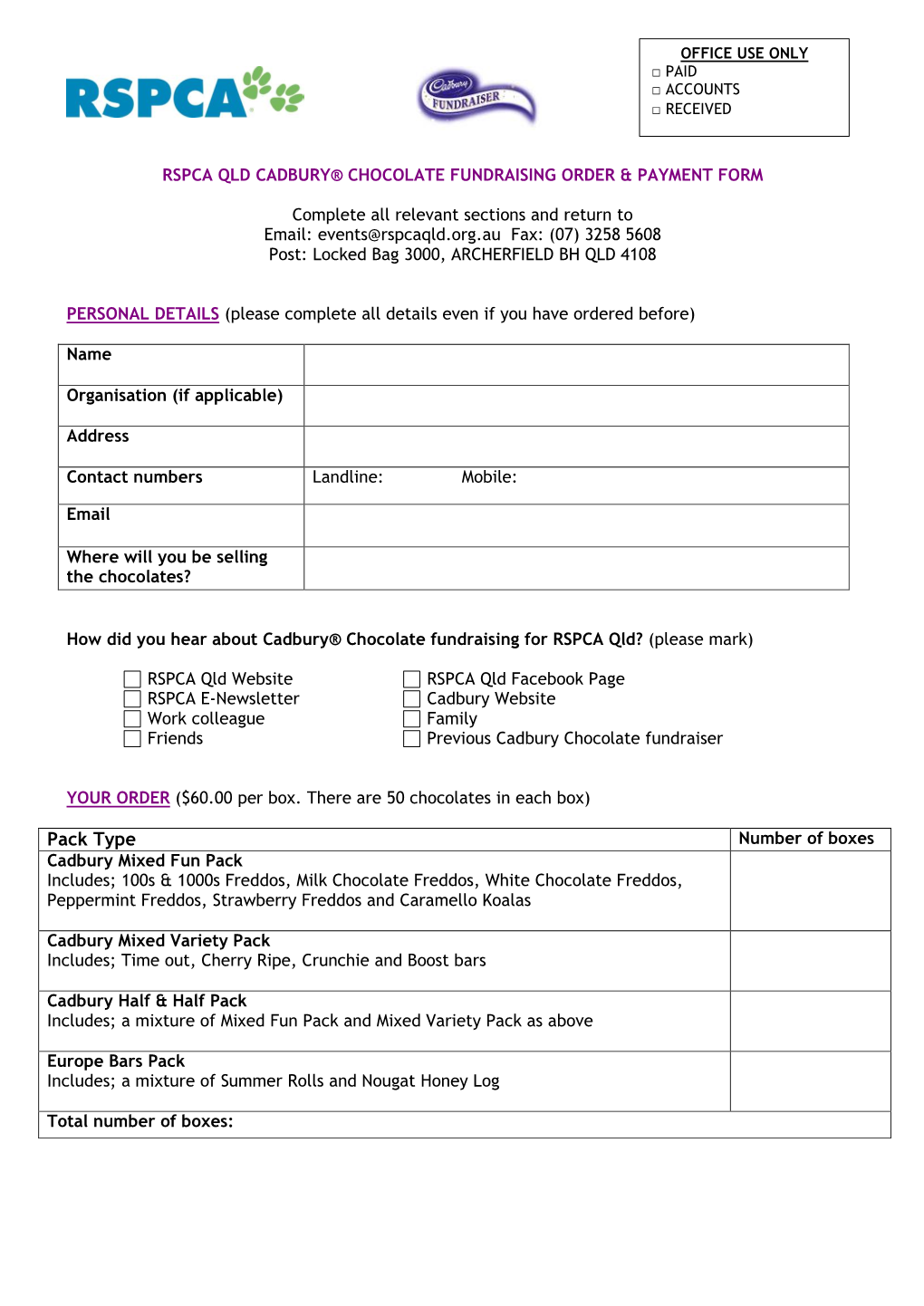 Rspca Qld Cadbury® Chocolate Fundraising Order & Payment Form