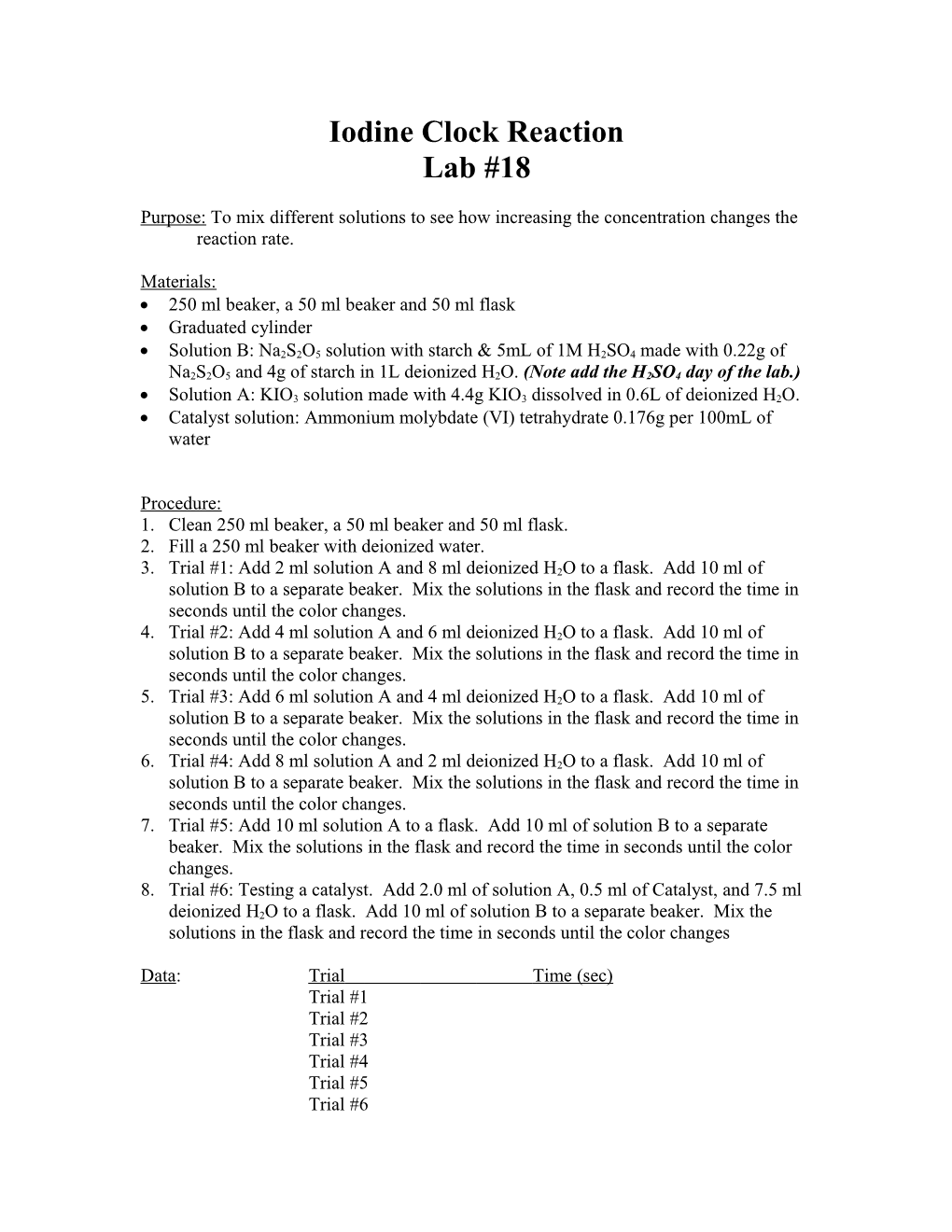 Iodine Clock Reaction