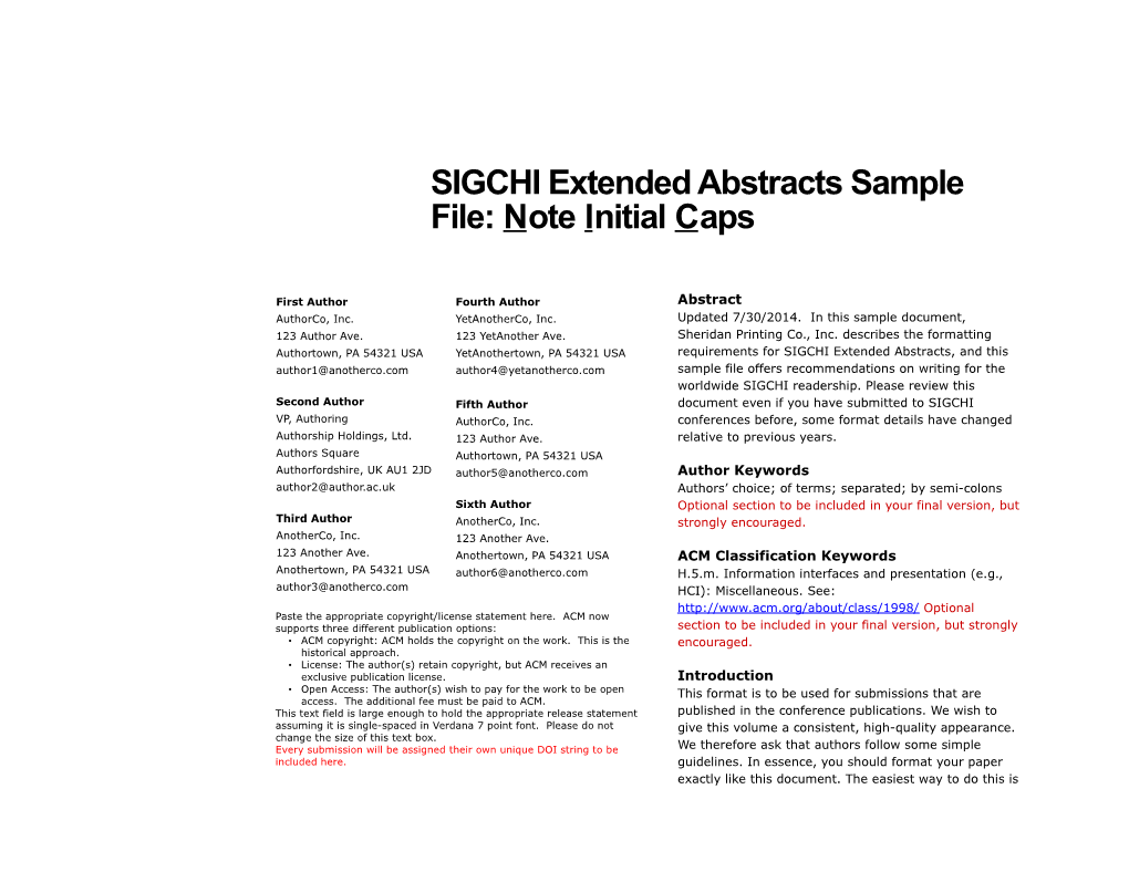 SIGCHI Extended Abstracts Sample File: Note Initial Caps