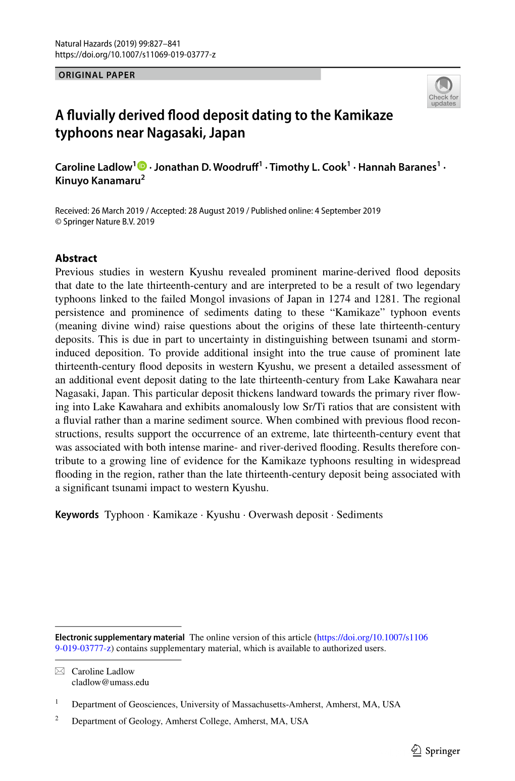 A Fluvially Derived Flood Deposit Dating to the Kamikaze Typhoons Near