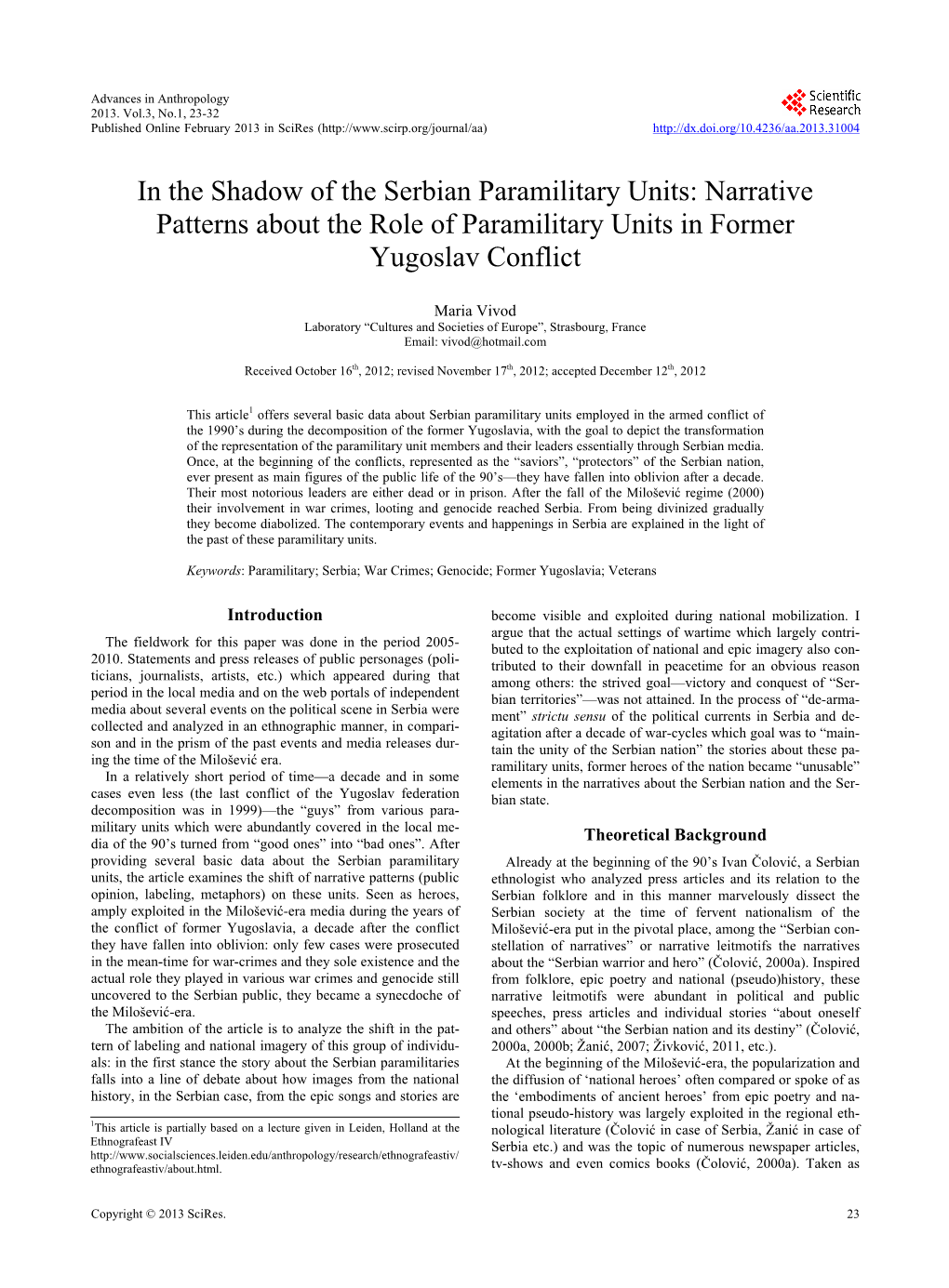 In the Shadow of the Serbian Paramilitary Units: Narrative Patterns About the Role of Paramilitary Units in Former Yugoslav Conflict