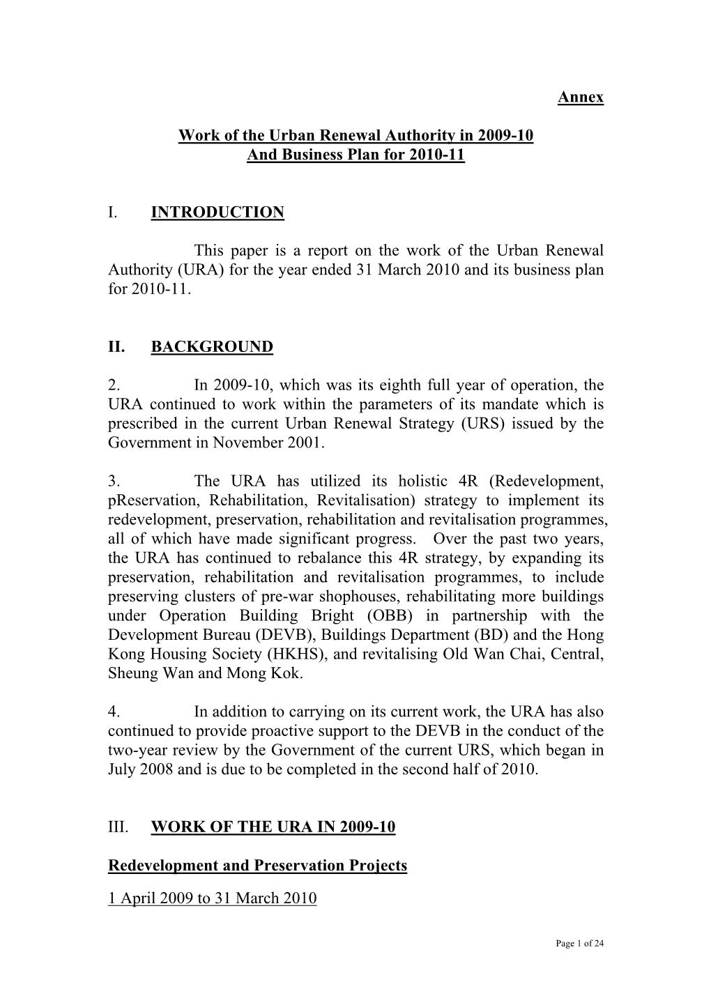 Annex Work of the Urban Renewal Authority in 2009-10 and Business