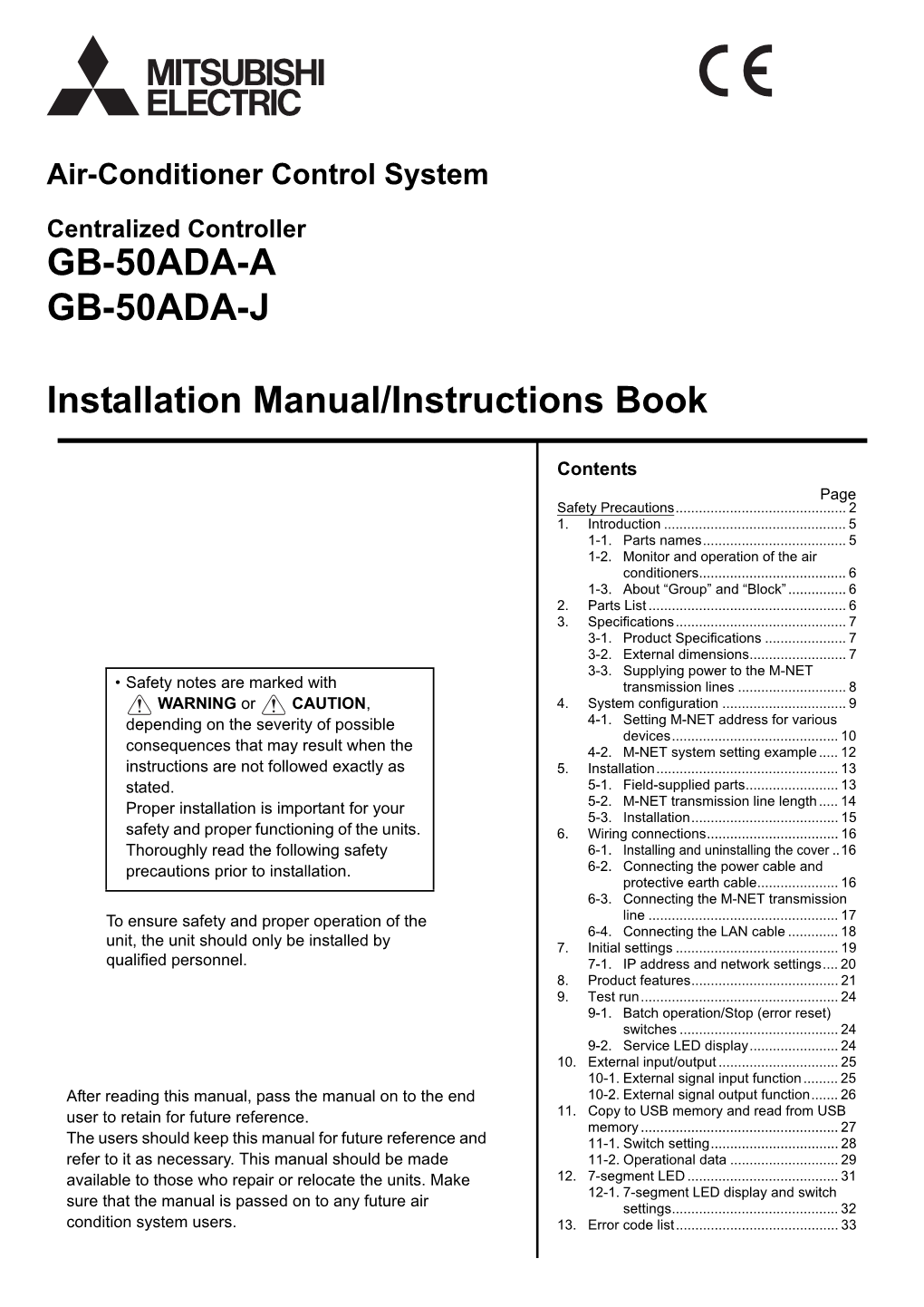 Installation Manual/Instructions Book GB-50ADA-A GB-50ADA-J