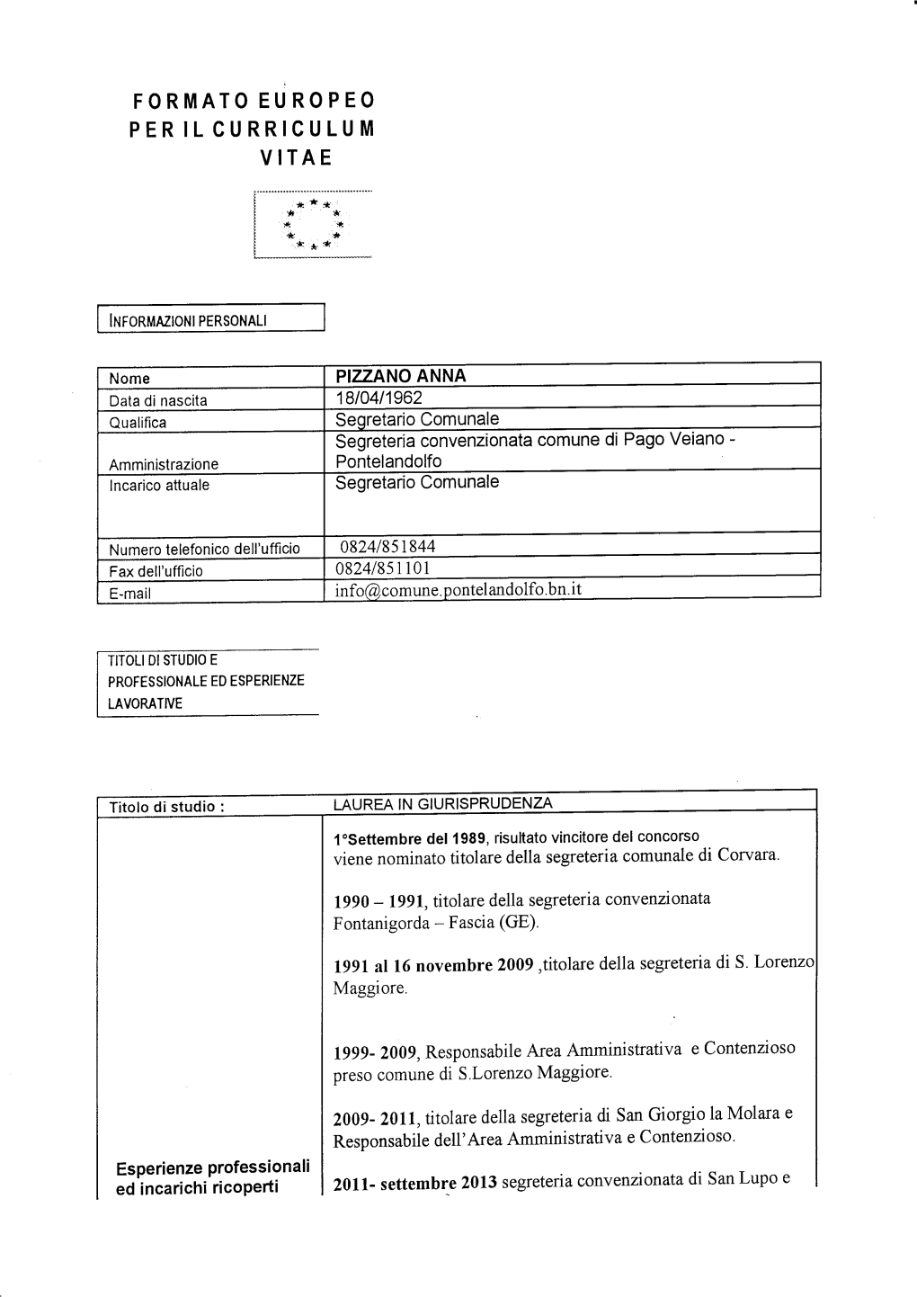 Curriculum Segretario Comunale