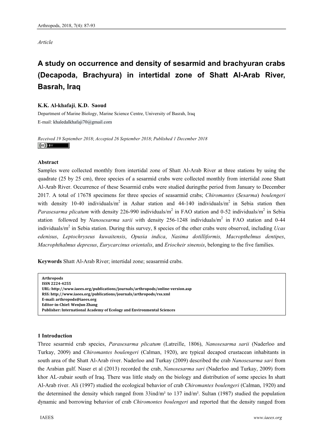 A Study on Occurrence and Density of Sesarmid and Brachyuran Crabs (Decapoda, Brachyura) in Intertidal Zone of Shatt Al-Arab River, Basrah, Iraq