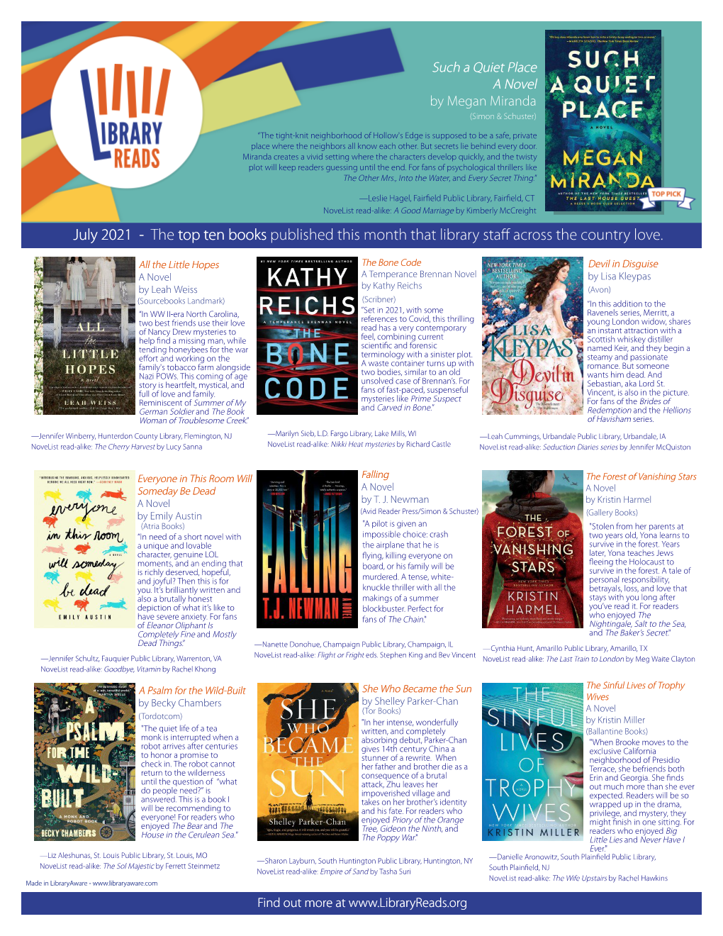 July 2021 - the Top Ten Books Published This Month That Library Staff Across the Country Love