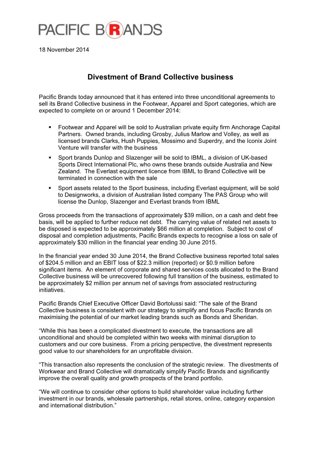 Divestment of Brand Collective Business