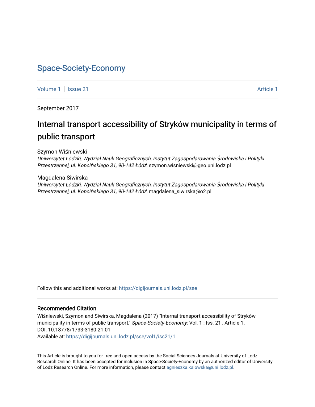 Internal Transport Accessibility of Stryków Municipality in Terms of Public Transport