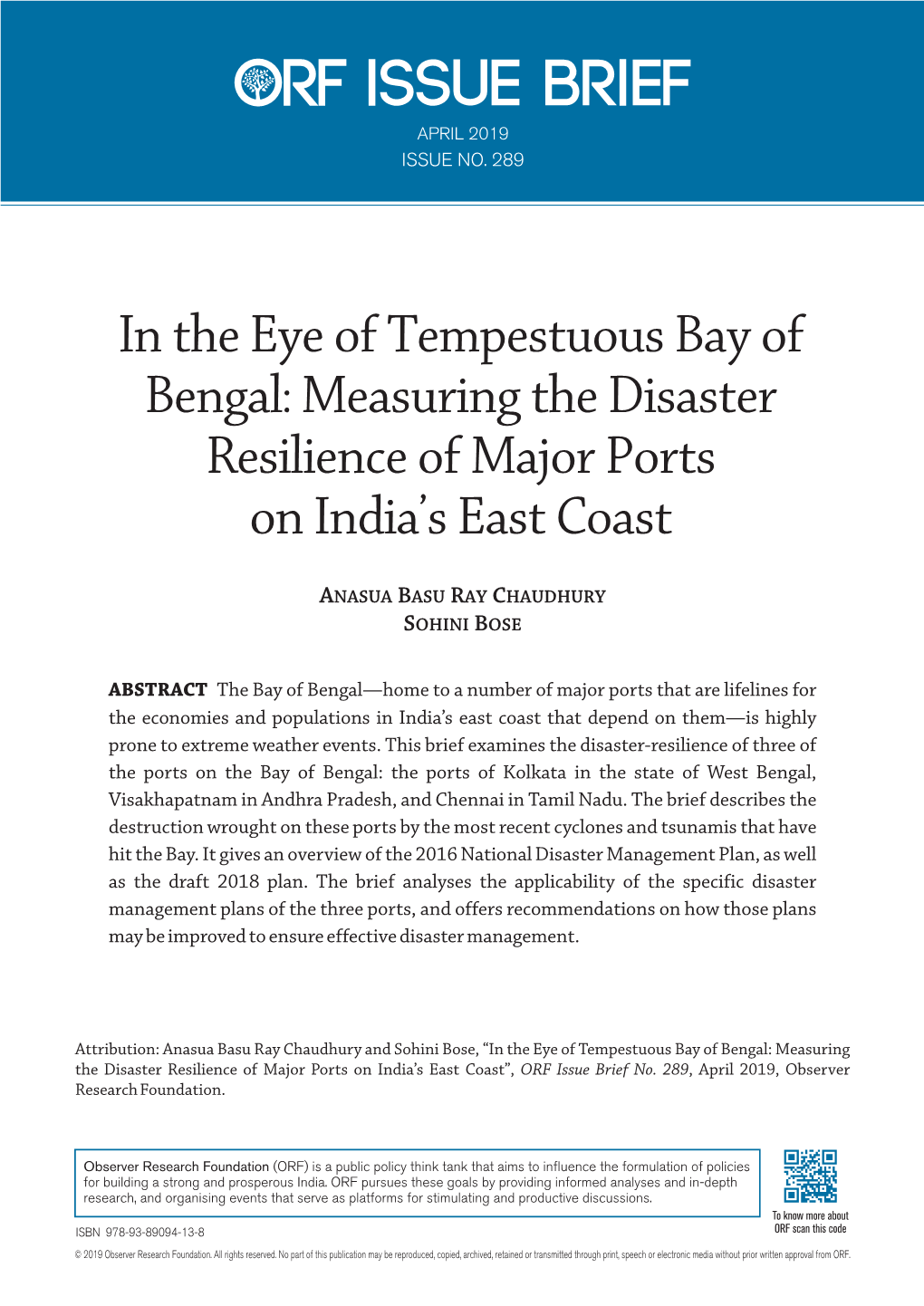 In the Eye of Tempestuous Bay of Bengal: Measuring the Disaster Resilience of Major Ports on India’S East Coast