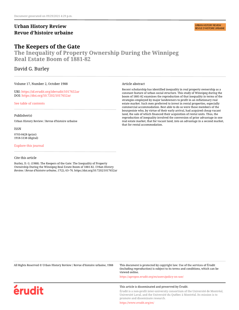 The Inequality of Property Ownership During the Winnipeg Real Estate Boom of 1881-82 David G