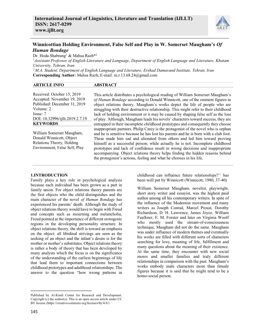 ISSN: 2617-0299 Winnicottian Holding Envi