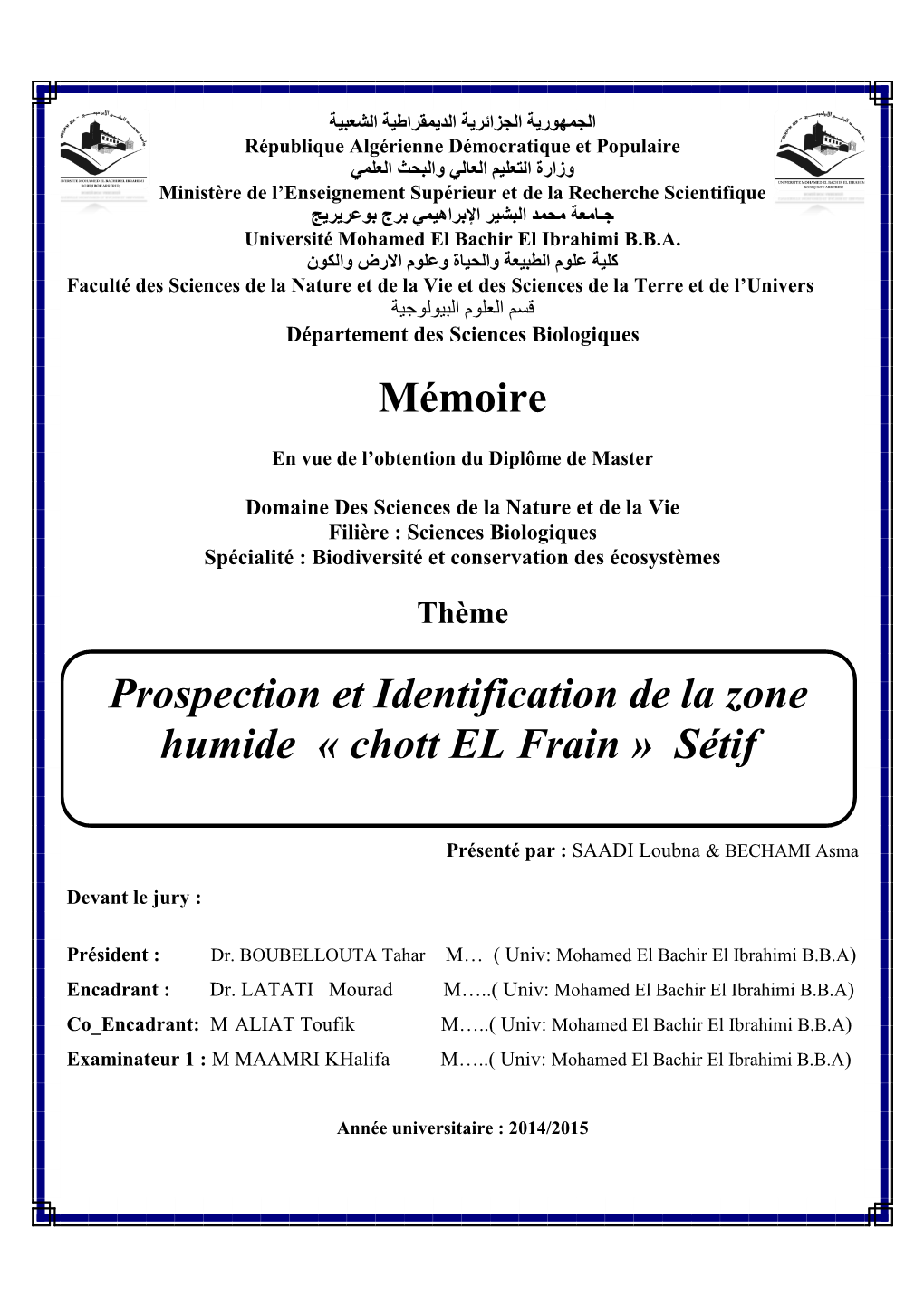 Mémoire Prospection Et Identification De La Zone Humide « Chott EL Frain » Sétif