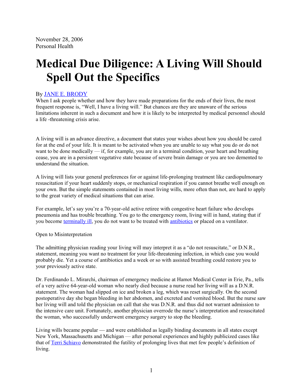 Medical Due Diligence: a Living Will Should Spell out the Specifics