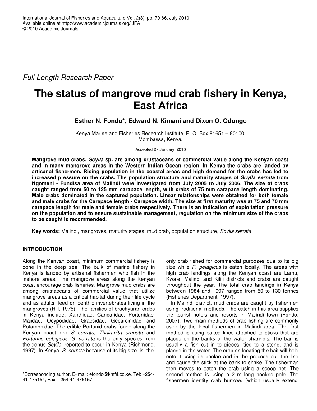 The Status of Mangrove Mud Crab Fishery in Kenya, East Africa