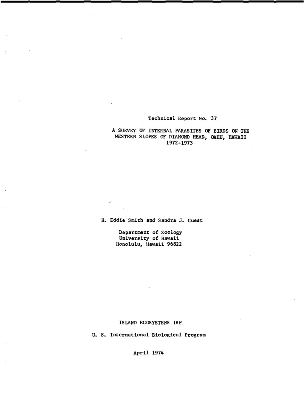 A Survey of Internal Parasites of Birds on the Western Slopes of Diamond Head, Oahu, Hawaii 1972-1973