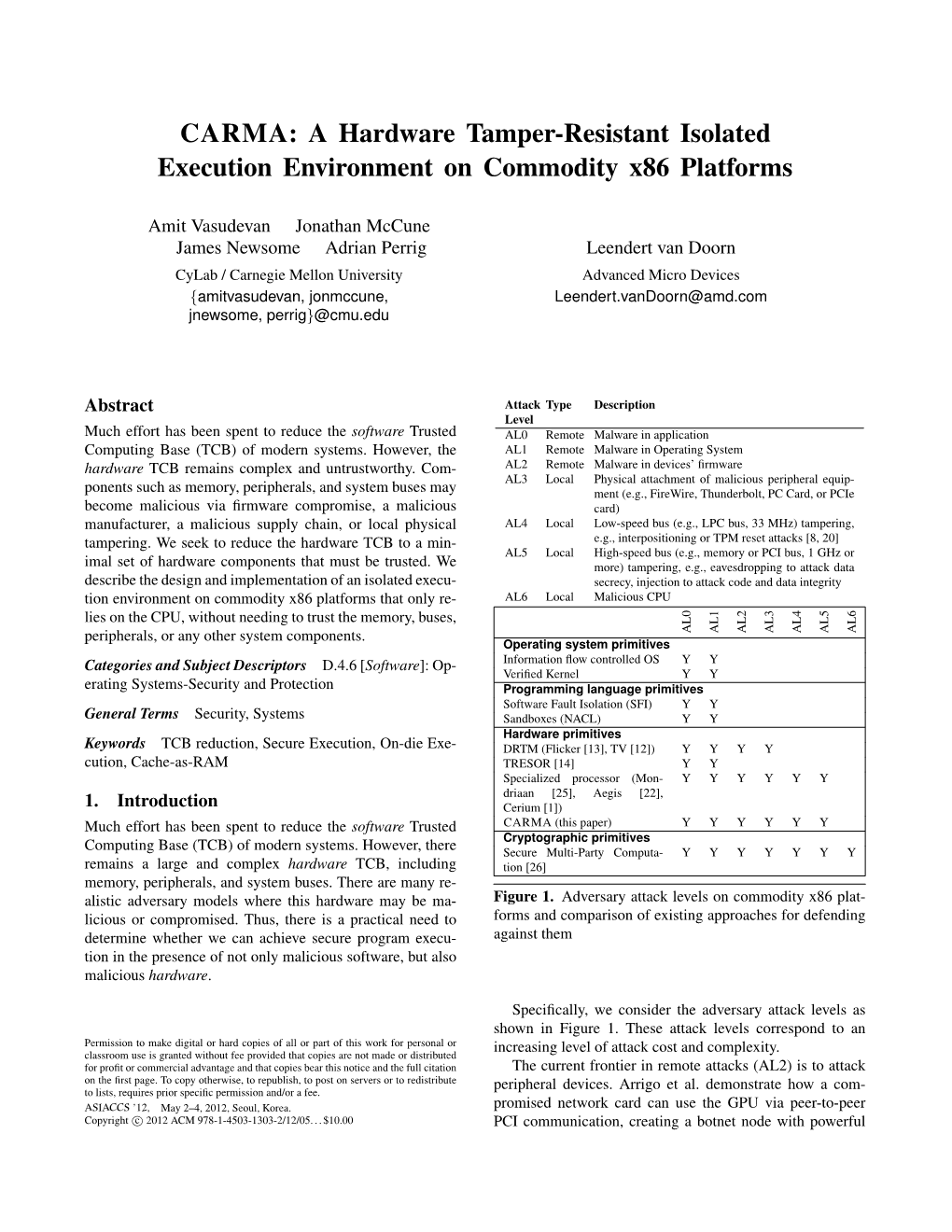 CARMA: a Hardware Tamper-Resistant Isolated Execution Environment on Commodity X86 Platforms