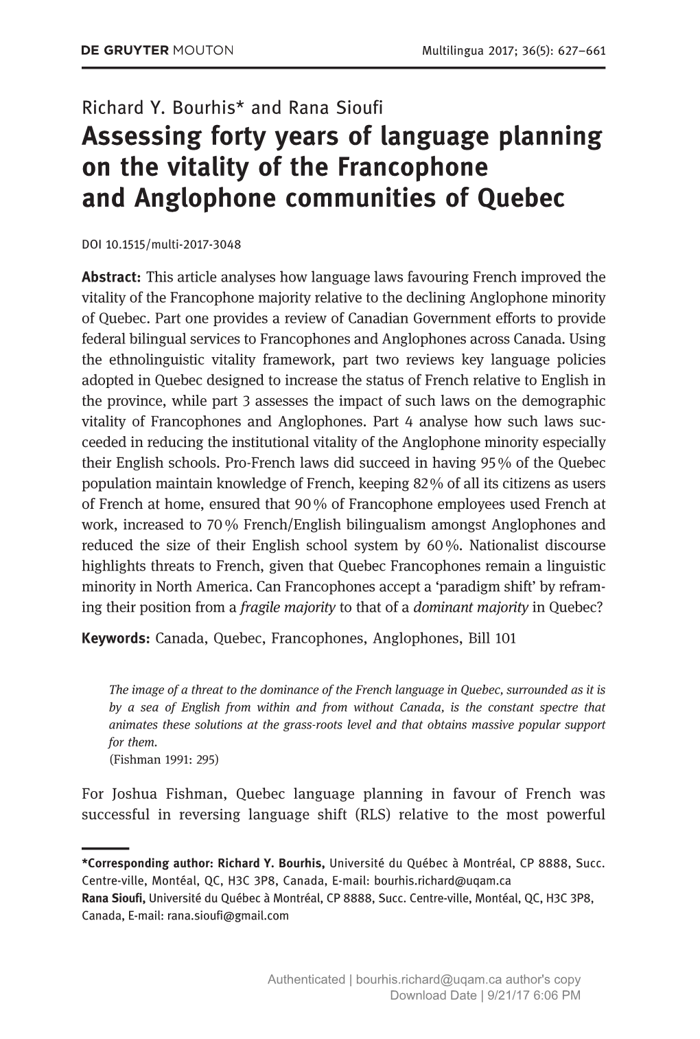 Assessing Forty Years of Language Planning on the Vitality of the Francophone and Anglophone Communities of Quebec