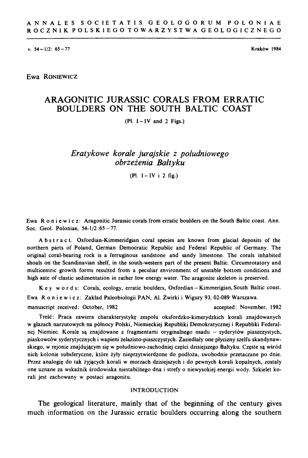 Aragonitic Jurassic Corals from Erratic Boulders on the South Baltic Coast (Pi