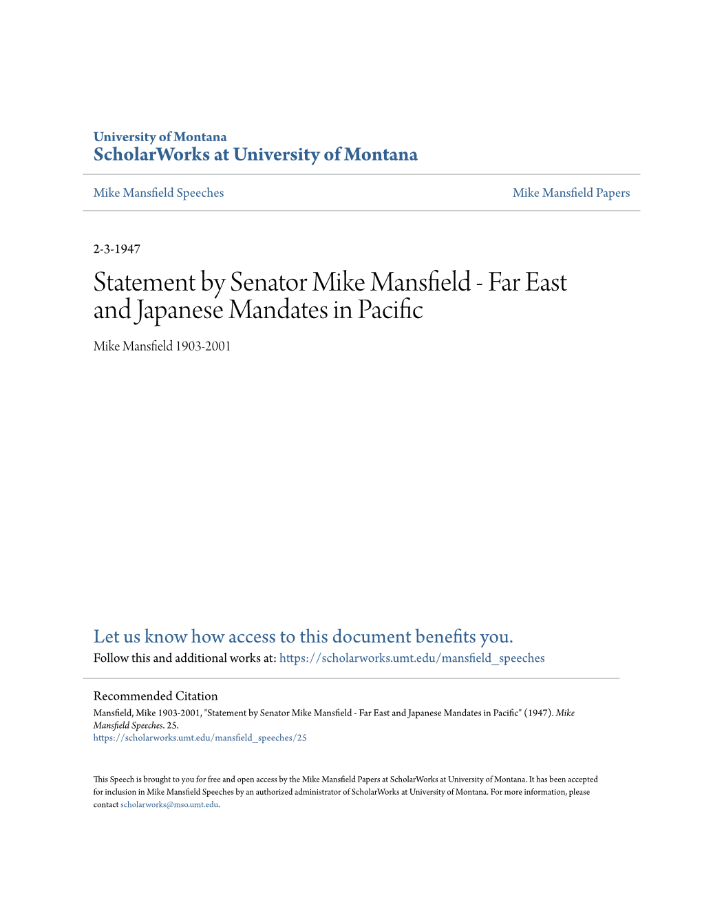 Statement by Senator Mike Mansfield - Af R East and Japanese Mandates in Pacific Mike Mansfield 1903-2001