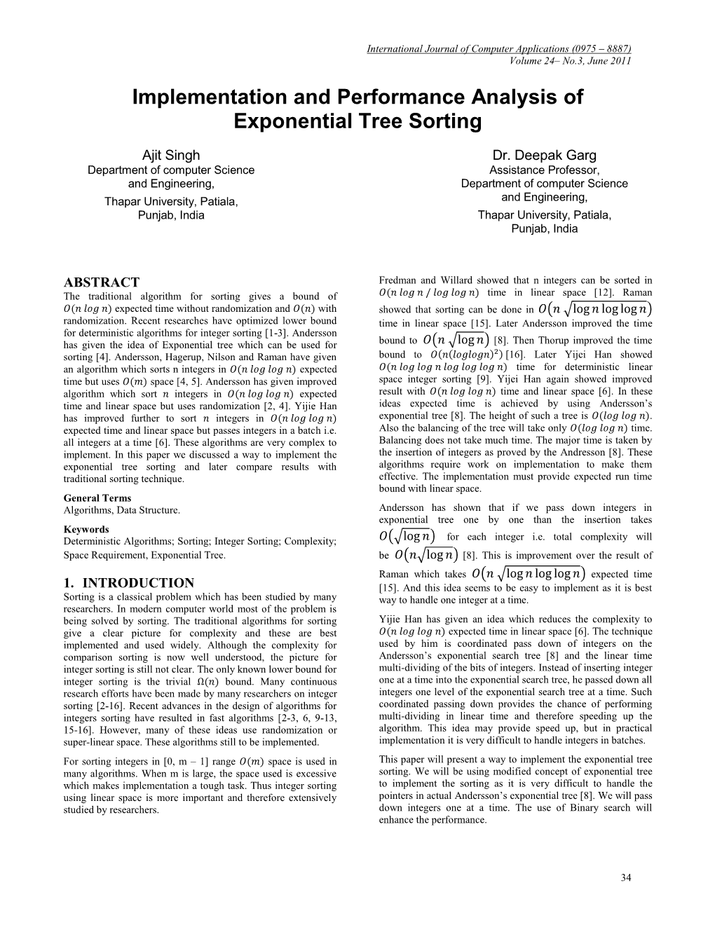 Implementation and Performance Analysis of Exponential Tree Sorting
