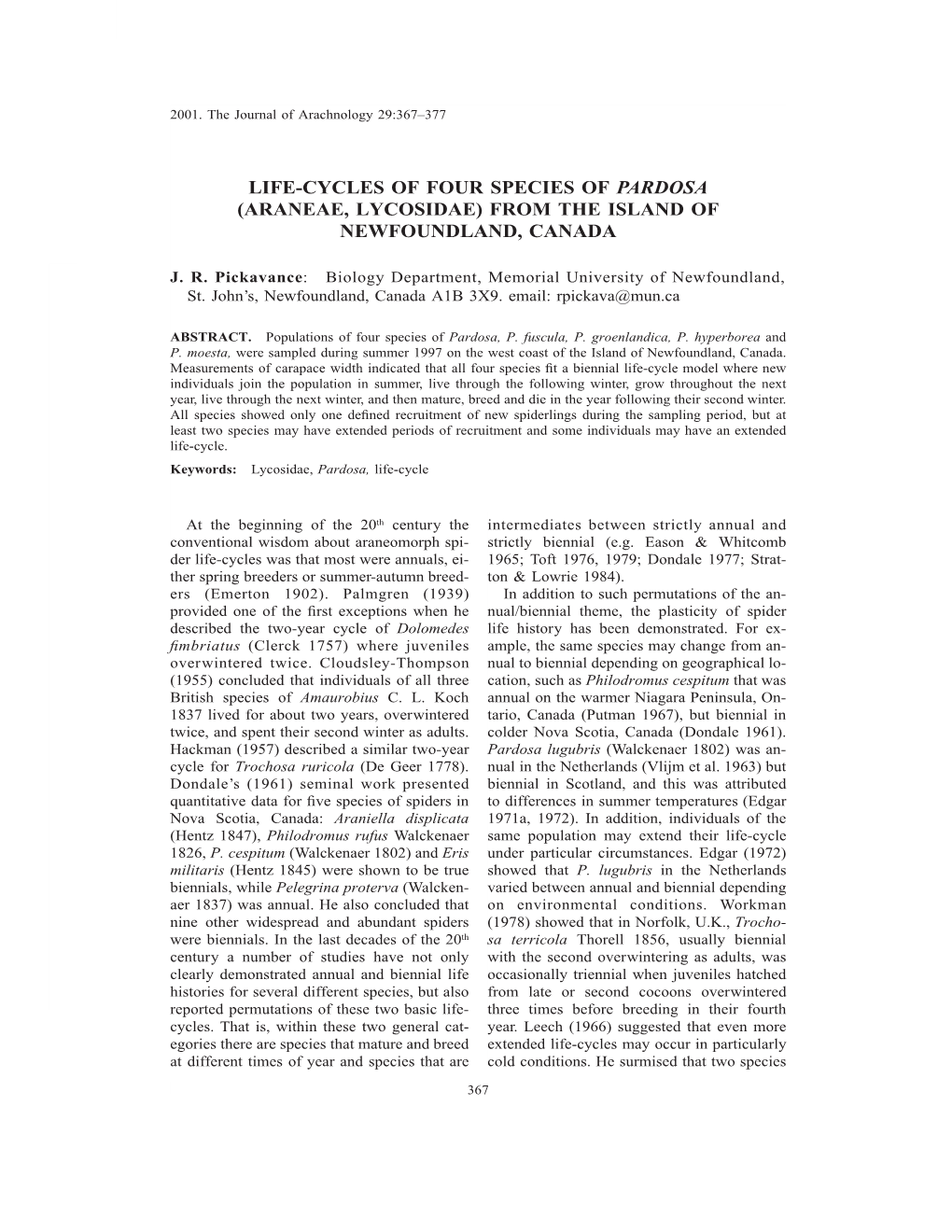 Life-Cycles of Four Species of Pardosa (Araneae, Lycosidae) from the Island of Newfoundland, Canada