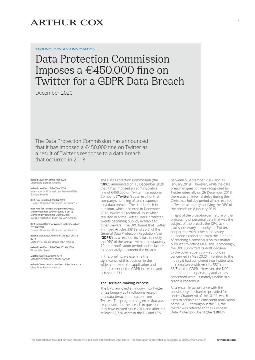 Data Protection Commission Imposes a €450,000 Fine on Twitter for a GDPR Data Breach December 2020