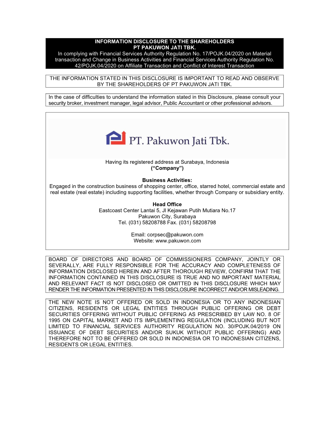 Disclosure to the Shareholders Pt Pakuwon Jati Tbk