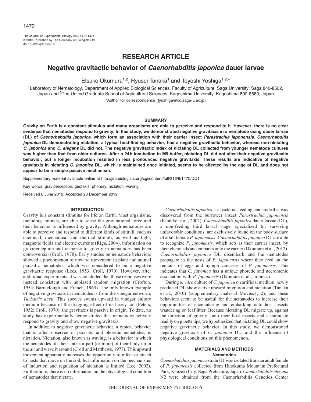 RESEARCH ARTICLE Negative Gravitactic Behavior of Caenorhabditis Japonica Dauer Larvae