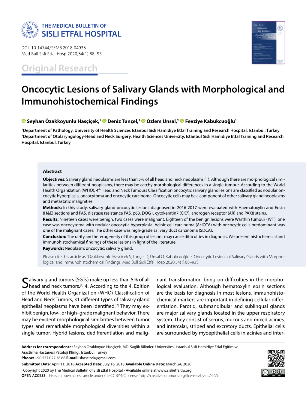 Oncocytic Lesions of Salivary Glands with Morphological and Immunohistochemical Findings