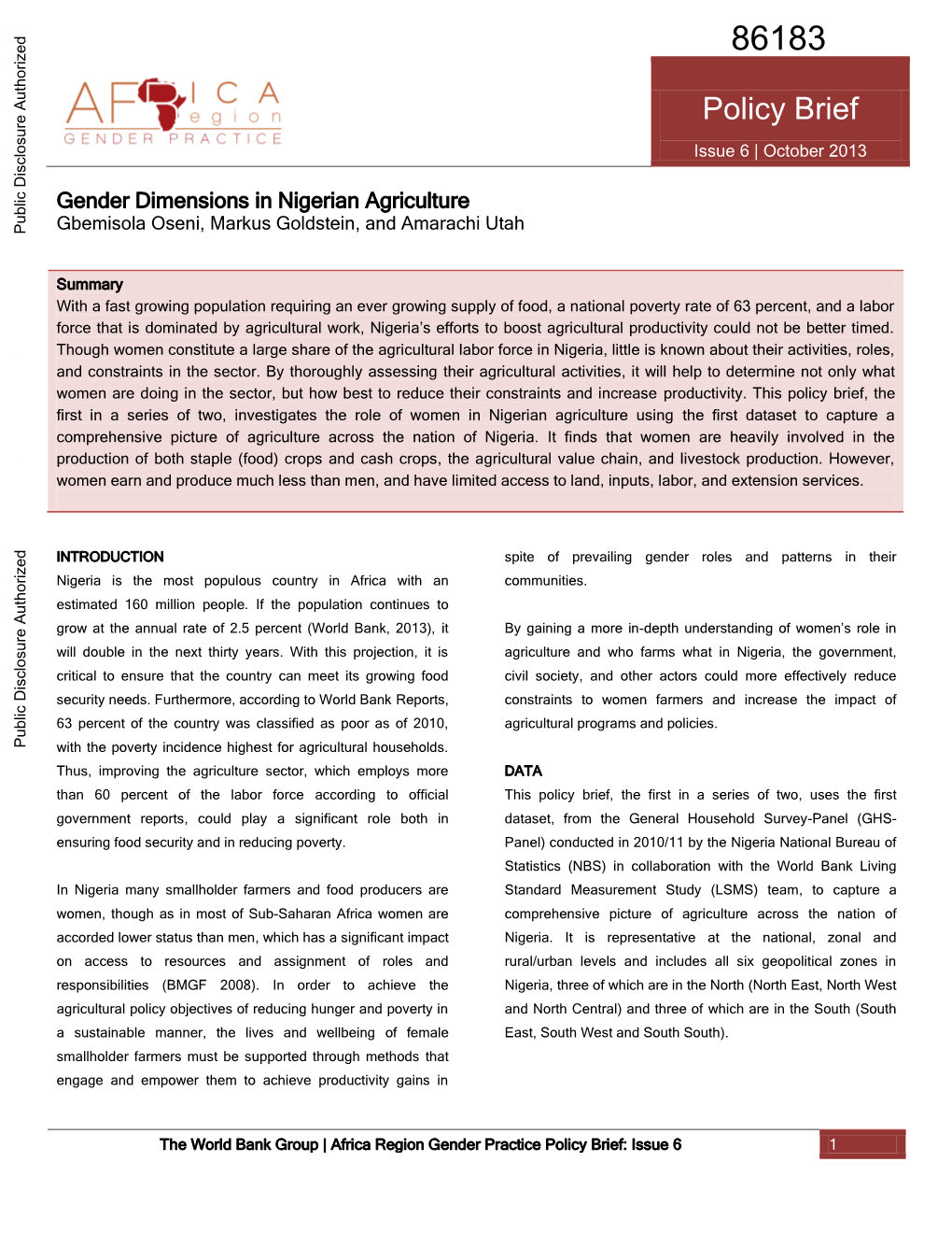 Gender Dimensions in Nigerian Agriculture Gbemisola Oseni, Markus Goldstein, and Amarachi Utah Public Disclosure Authorized