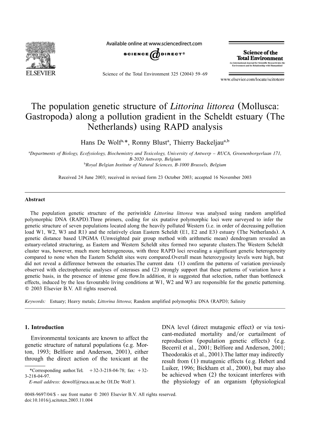 The Population Genetic Structure of Littorina Littorea (Mollusca: Gastropoda) Along a Pollution Gradient in the Scheldt Estuary (The Netherlands) Using RAPD Analysis