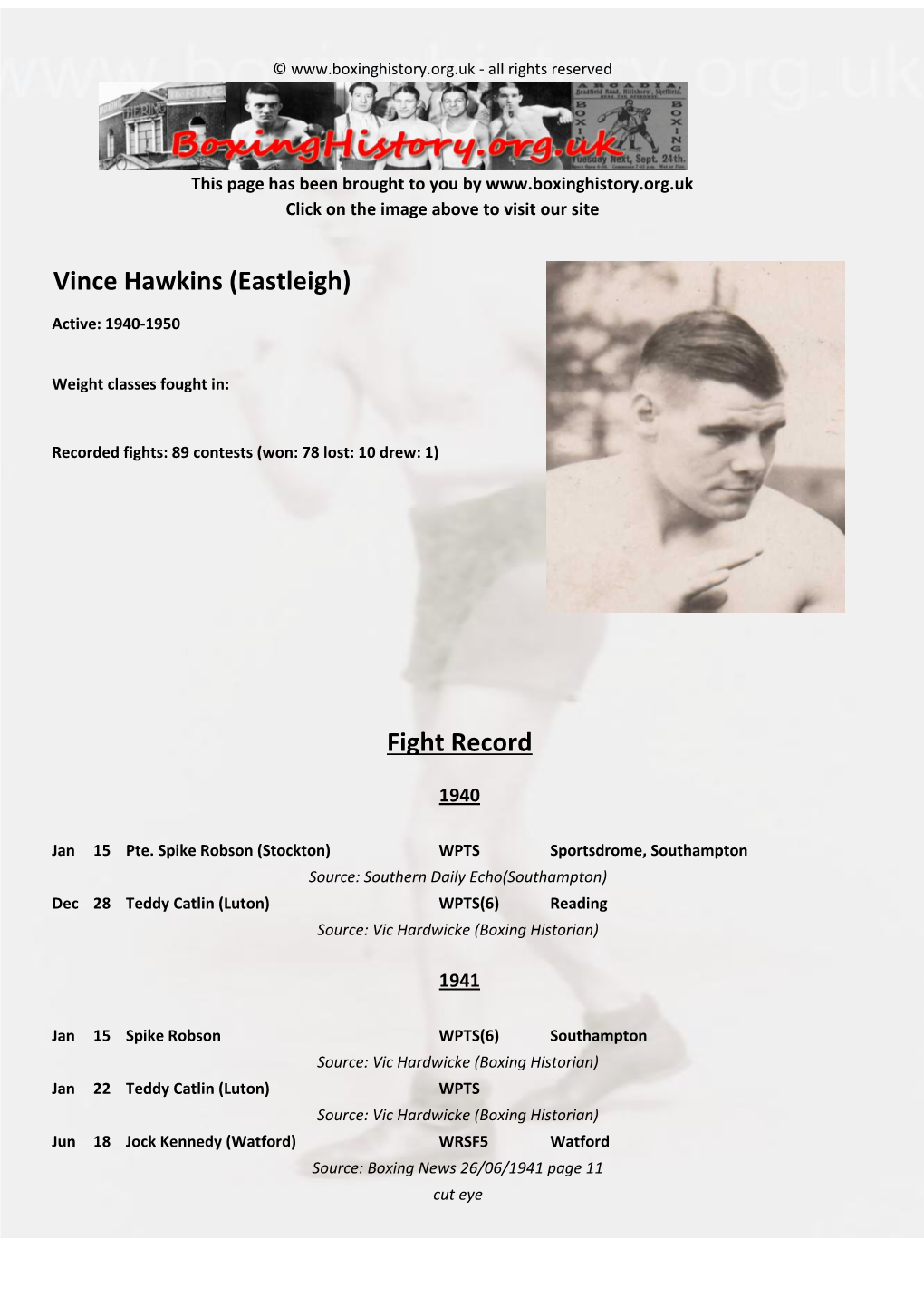 Fight Record Vince Hawkins (Eastleigh)