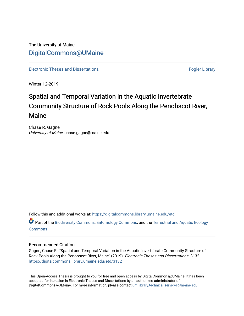 Spatial and Temporal Variation in the Aquatic Invertebrate Community Structure of Rock Pools Along the Penobscot River, Maine