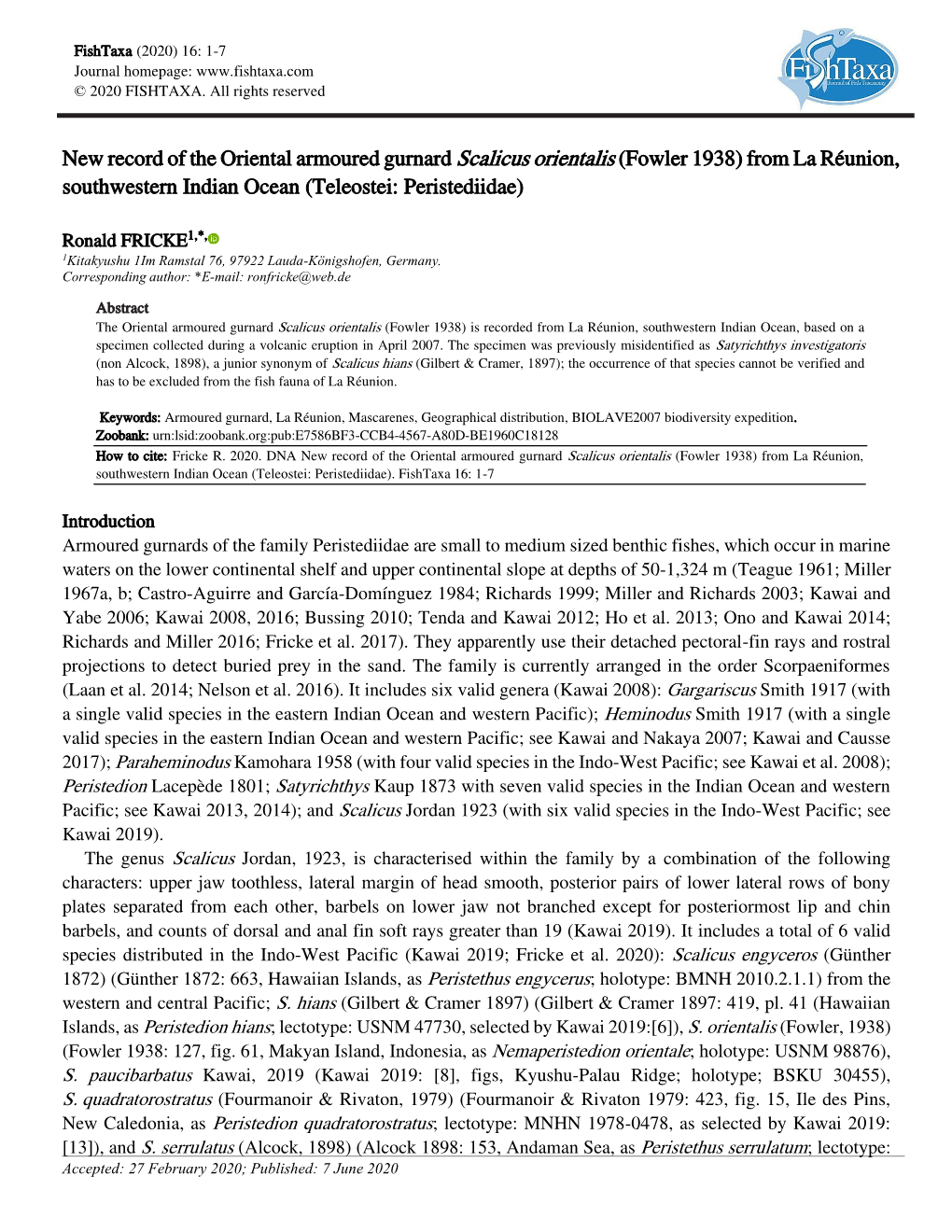 New Record of the Oriental Armoured Gurnard Scalicus Orientalis (Fowler 1938) from La Réunion, Southwestern Indian Ocean (Teleostei: Peristediidae)