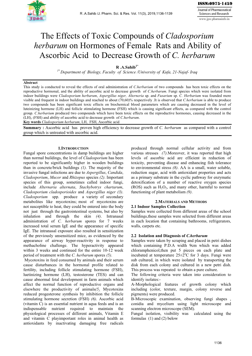 The Effects of Toxic Compounds of Cladosporium Herbarum on Hormones of Female Rats and Ability of Ascorbic Acid to Decrease Growth of C