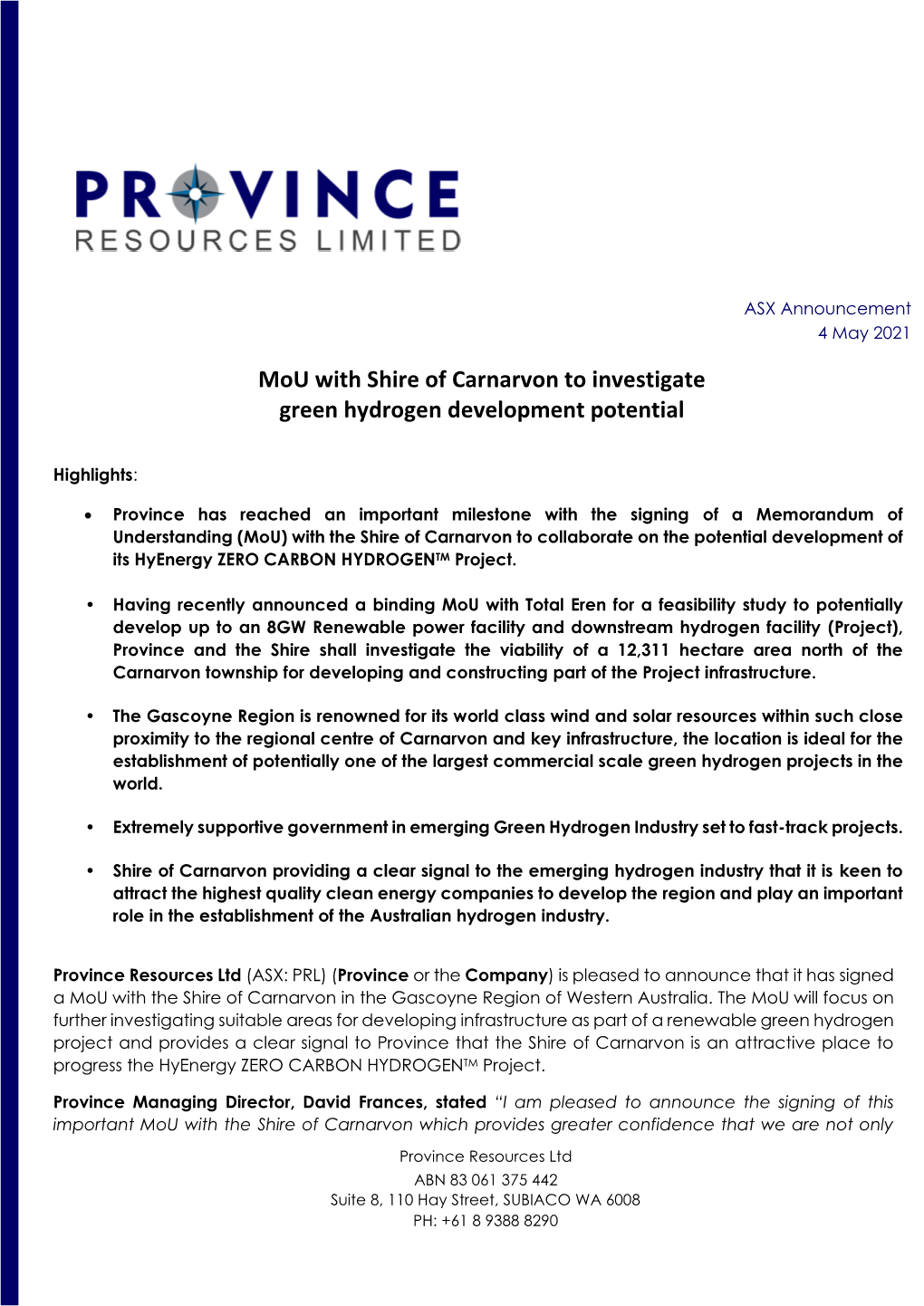 Mou with Shire of Carnarvon to Investigate Green Hydrogen Development Potential