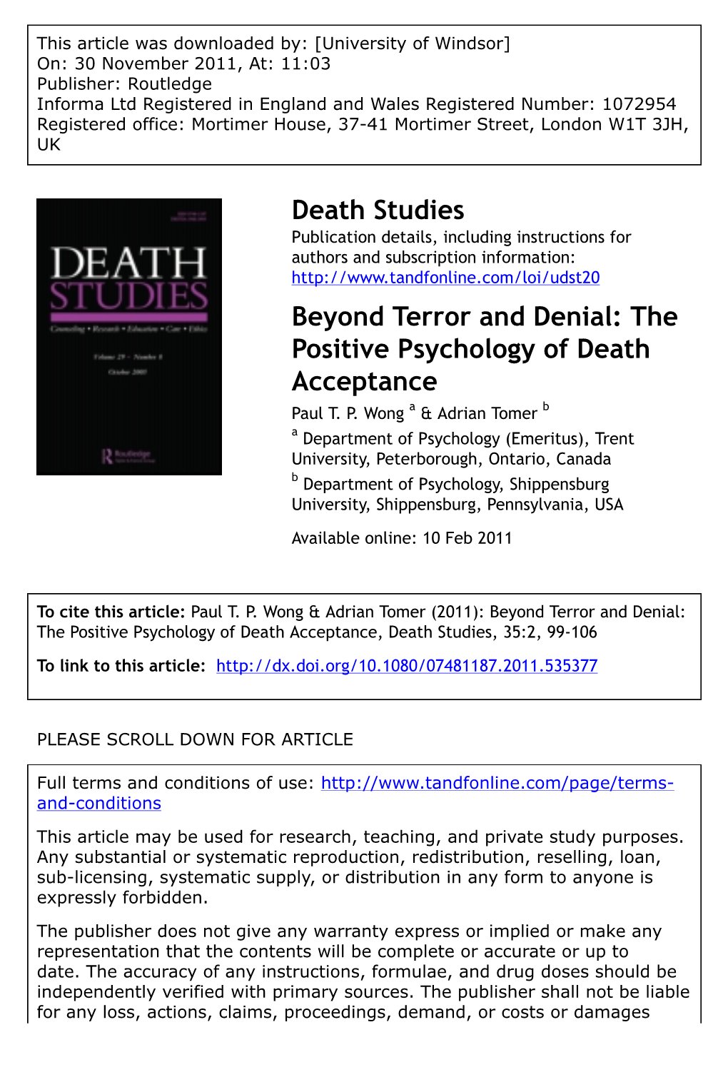 Beyond Terror and Denial: the Positive Psychology of Death Acceptance Paul T