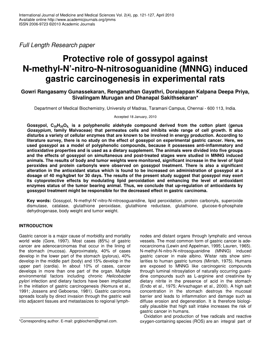 Protective Role of Gossypol Against N-Methyl-N'-Nitro-N