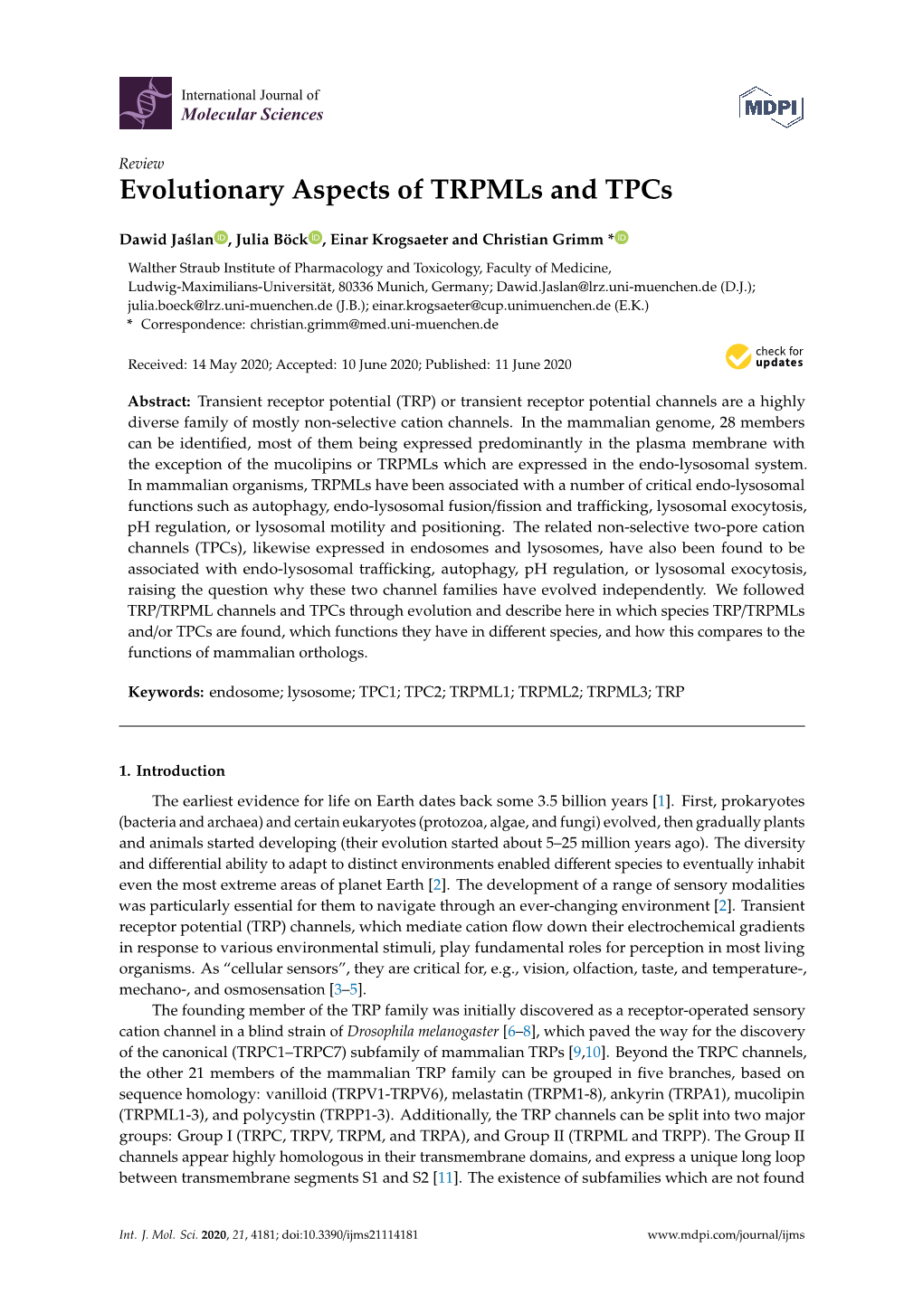 Evolutionary Aspects of Trpmls and Tpcs