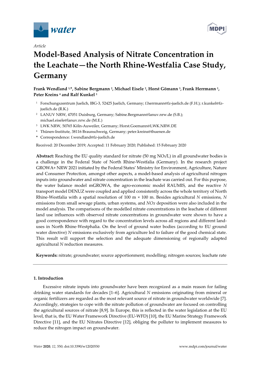 Model-Based Analysis of Nitrate Concentration in the Leachate—The North Rhine-Westfalia Case Study, Germany