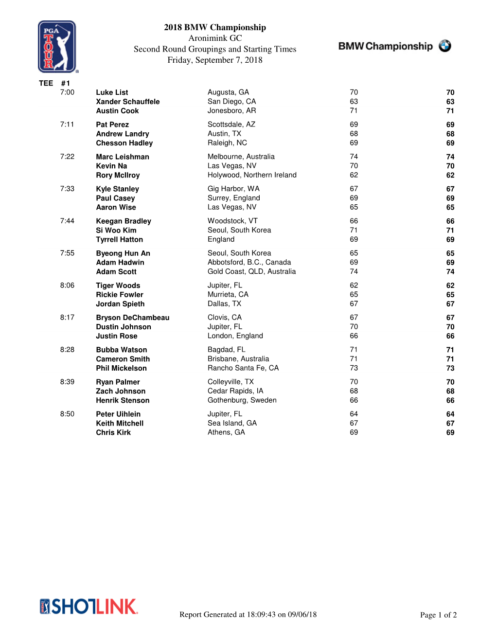 2018 BMW Championship Aronimink GC Second Round Groupings and Starting Times Friday, September 7, 2018